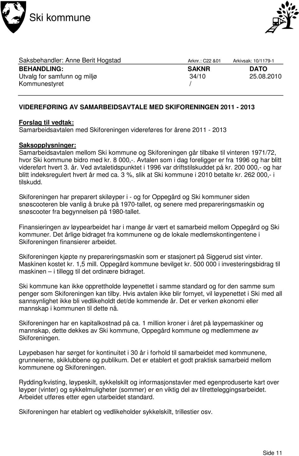 Samarbeidsavtalen mellom Ski kommune og Skiforeningen går tilbake til vinteren 1971/72, hvor Ski kommune bidro med kr. 8 000,-.