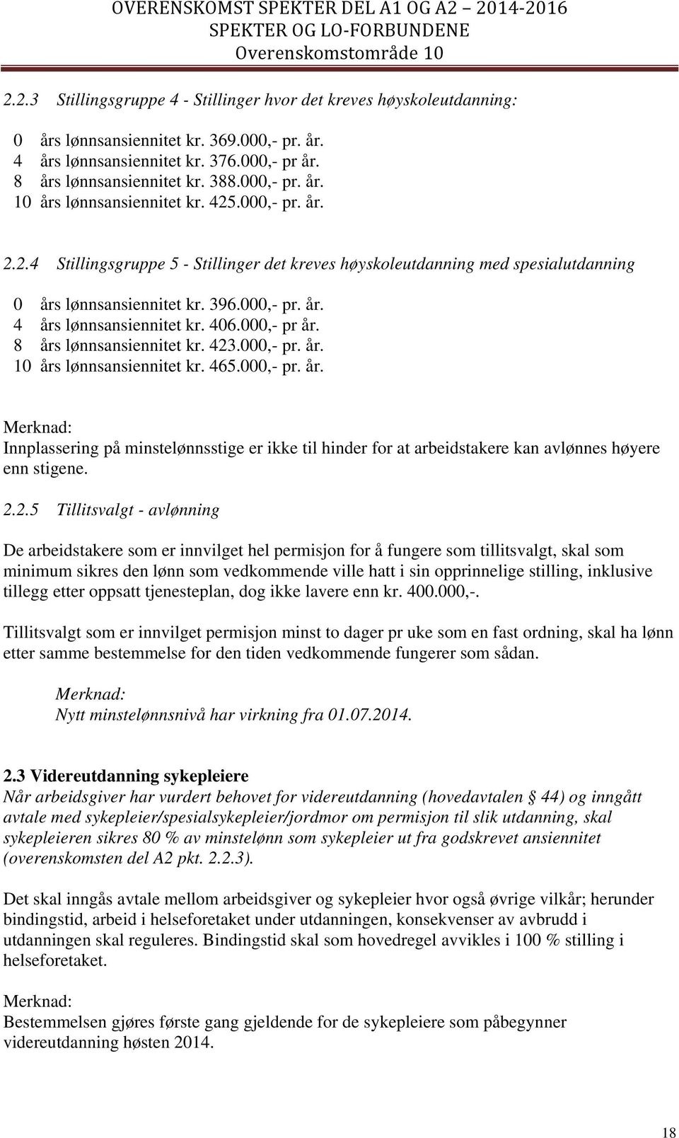 406.000,- pr år. 8 års lønnsansiennitet kr. 423.000,- pr. år. 10 års lønnsansiennitet kr. 465.000,- pr. år. Merknad: Innplassering på minstelønnsstige er ikke til hinder for at arbeidstakere kan avlønnes høyere enn stigene.