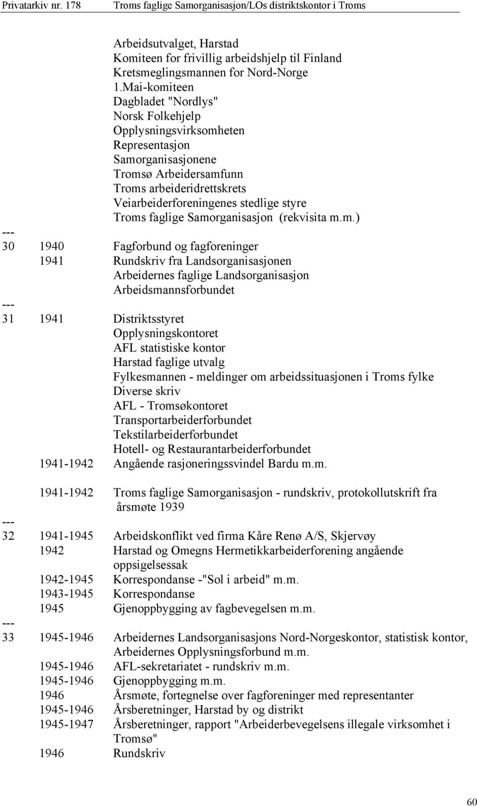 Troms faglige Samorganisasjon (rekvisita m.m.) 30 1940 Fagforbund og fagforeninger 1941 Rundskriv fra Landsorganisasjonen Arbeidernes faglige Landsorganisasjon Arbeidsmannsforbundet 31 1941