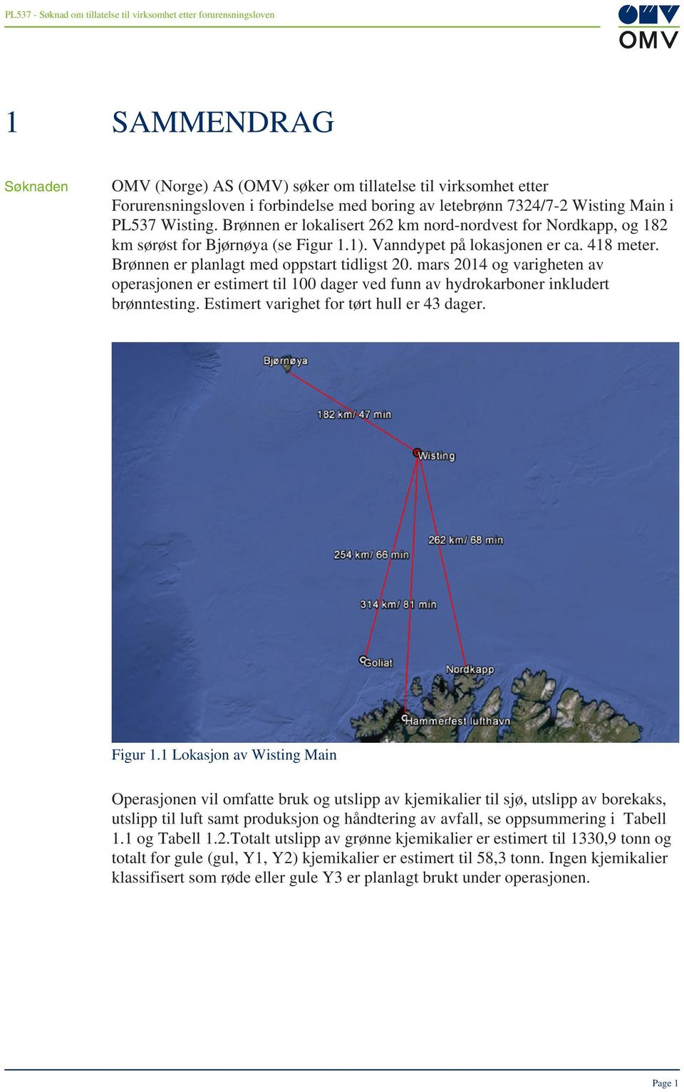 mars 2014 og varigheten av operasjonen er estimert til 100 dager ved funn av hydrokarboner inkludert brønntesting. Estimert varighet for tørt hull er 43 dager. Figur 1.