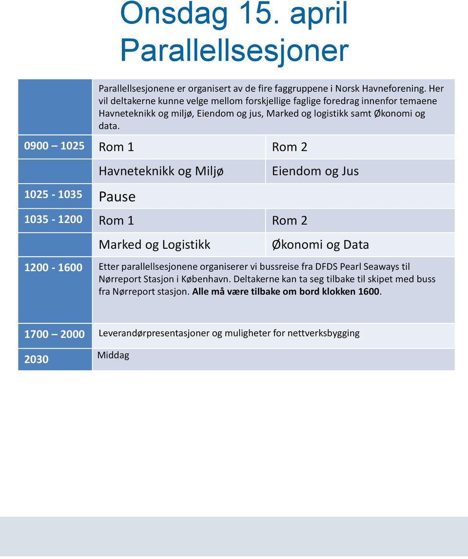 0900 1025 Rom 1 Rom 2 1025-1035 Pause Havneteknikk og Miljø Eiendom og Jus 1035-1200 Rom 1 Rom 2 Marked og Logistikk Økonomi og Data 1200-1600 Etter parallellsesjonene organiserer