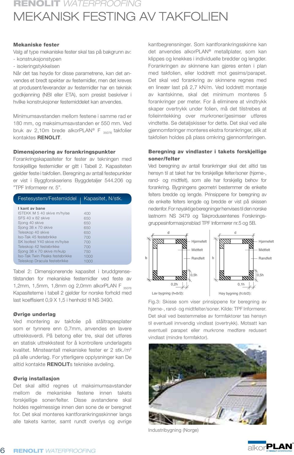 kan anvendes. Minimumsavstanden mellom festene i samme rad er 180 mm, og maksimumsavstanden er 550 mm. Ved bruk av 2,10m brede takfolier kontaktes RENOLIT.