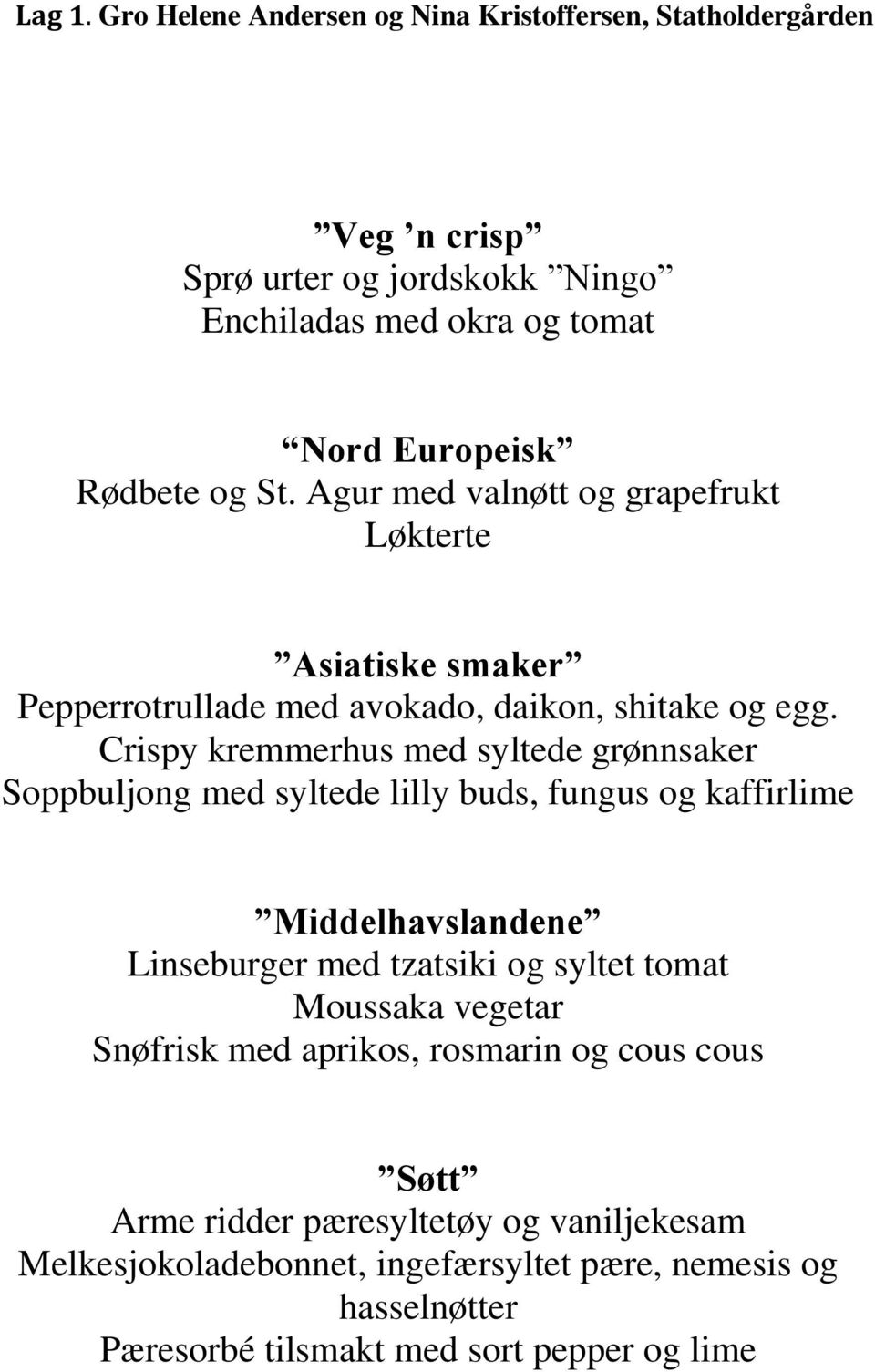 Agur med valnøtt og grapefrukt Løkterte Asiatiske smaker Pepperrotrullade med avokado, daikon, shitake og egg.