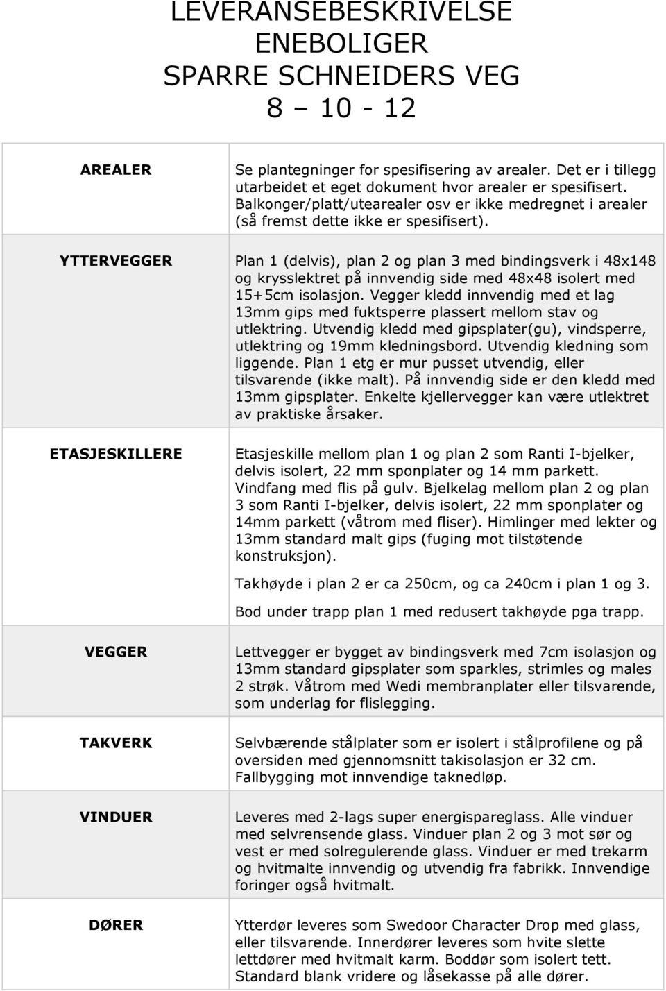 Plan 1 (delvis), plan 2 og plan 3 med bindingsverk i 48x148 og krysslektret på innvendig side med 48x48 isolert med 15+5cm isolasjon.