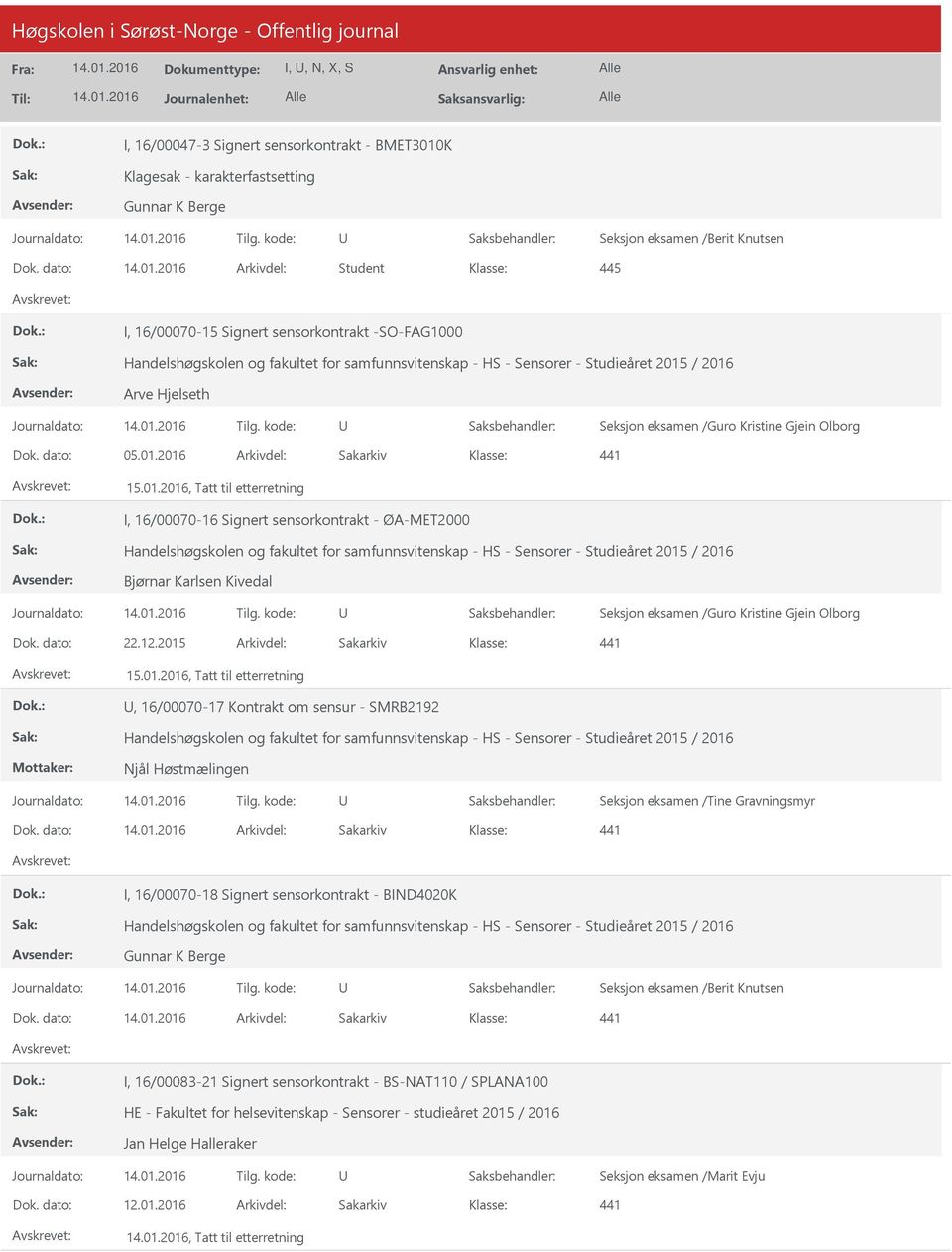 01.2016, Tatt til etterretning I, 16/00070-16 Signert sensorkontrakt - ØA-MET2000 Handelshøgskolen og fakultet for samfunnsvitenskap - HS - Sensorer - Studieåret 2015 / 2016 Bjørnar Karlsen Kivedal