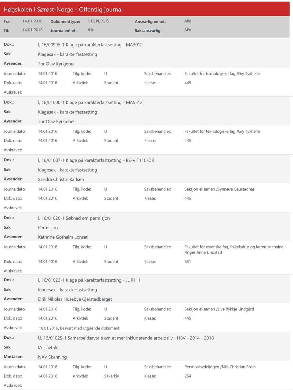 dato: Arkivdel: Student I, 16/01007-1 Klage på karakterfastsetting - BS-VIT110-DR Sandra Christin Karlsen Seksjon eksamen /Synnøve Gaustadnes Dok.