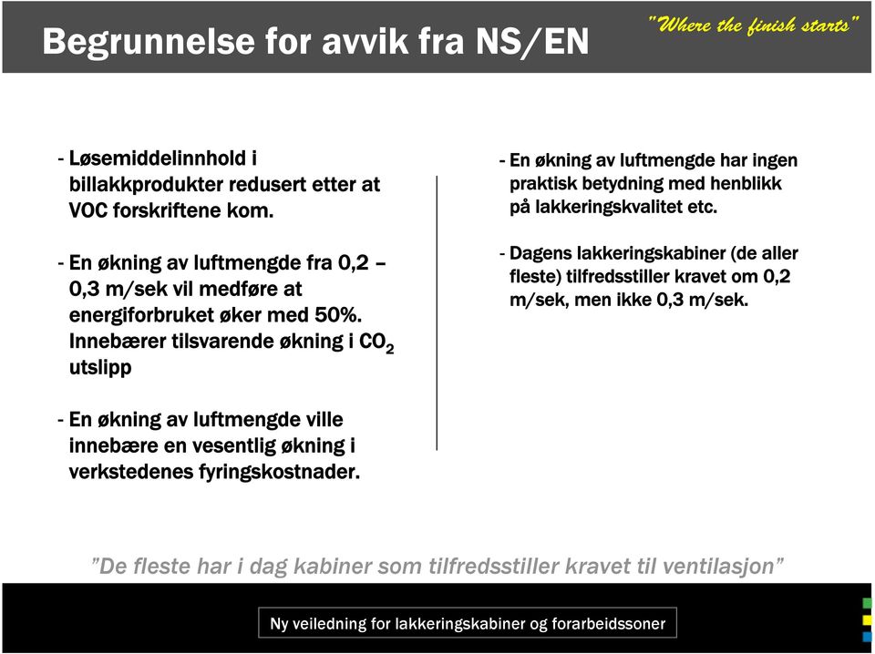 Innebærer tilsvarende økning i CO 2 utslipp - En økning av luftmengde har ingen praktisk betydning med henblikk på lakkeringskvalitet etc.