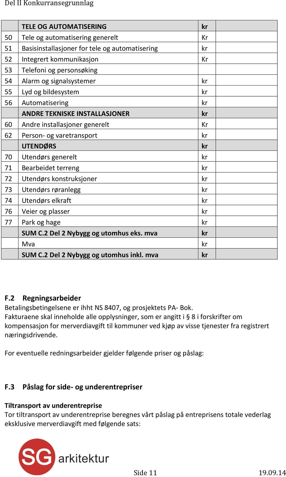 konstruksjoner 73 Utendørs røranlegg 74 Utendørs elaft 76 Veier og plasser 77 Park og hage SUM C.2 Del 2 Nybygg og utomhus eks. mva Mva SUM C.2 Del 2 Nybygg og utomhus inkl. mva F.