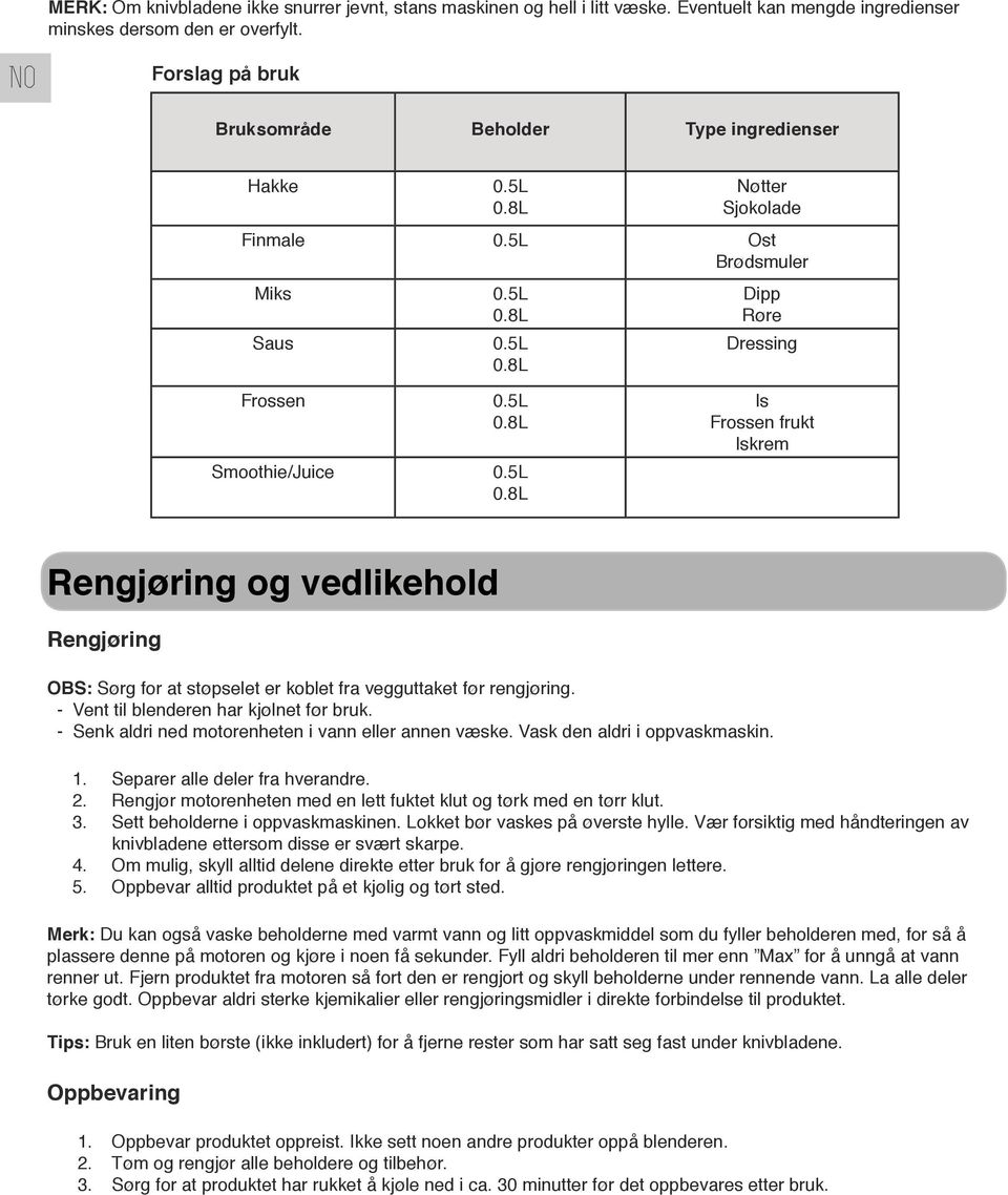 5L Is Frossen frukt Iskrem Rengjøring og vedlikehold Rengjøring OBS: Sørg for at støpselet er koblet fra vegguttaket før rengjøring. - Vent til blenderen har kjølnet før bruk.