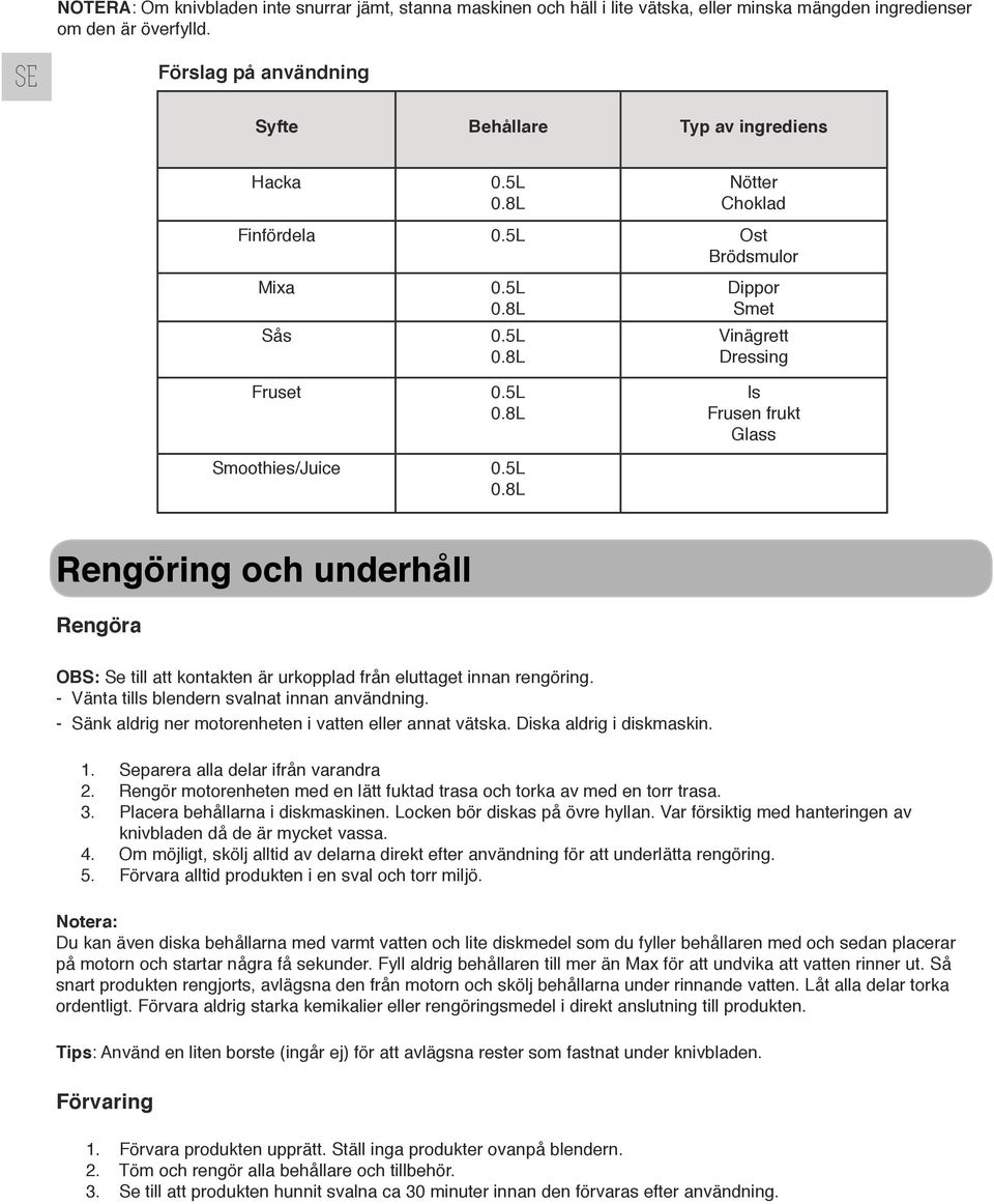 5L Is Frusen frukt Glass Smoothies/Juice 0.5L Rengöring och underhåll Rengöra OBS: Se till att kontakten är urkopplad från eluttaget innan rengöring. - Vänta tills blendern svalnat innan användning.