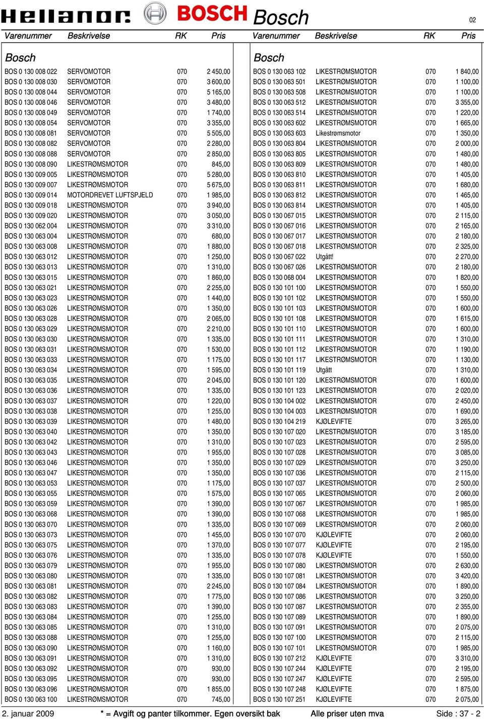 LIKESTRØMSMOTOR 070 845,00 BOS 0 130 009 005 LIKESTRØMSMOTOR 070 5 280,00 BOS 0 130 009 007 LIKESTRØMSMOTOR 070 5 675,00 BOS 0 130 009 014 MOTORDREVET LUFTSPJELD 070 1 985,00 BOS 0 130 009 018