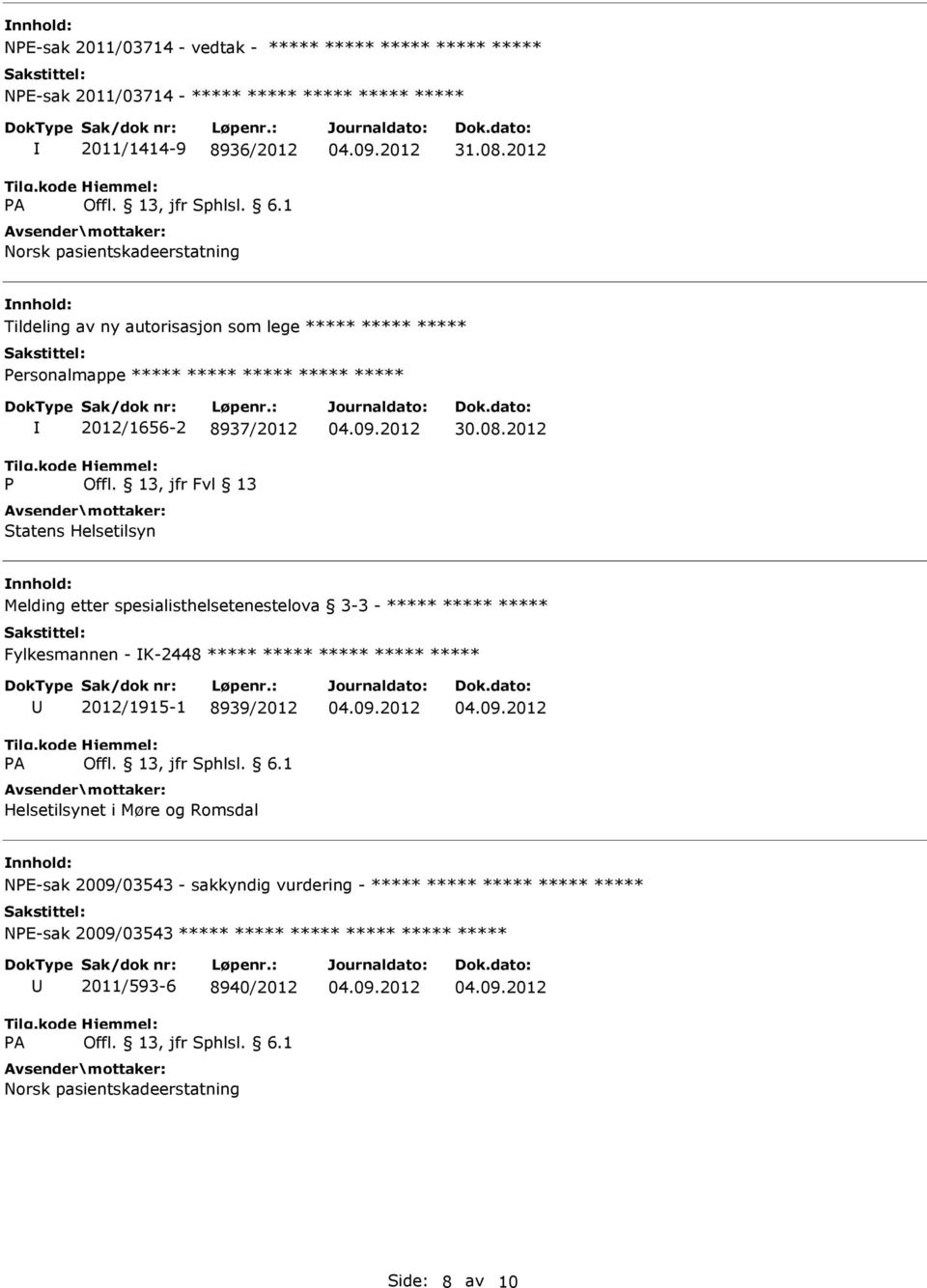 13, jfr Fvl 13 Statens Helsetilsyn Melding etter spesialisthelsetenestelova 3-3 - ***** ***** ***** Fylkesmannen - K-2448 ***** ***** ***** ***** *****