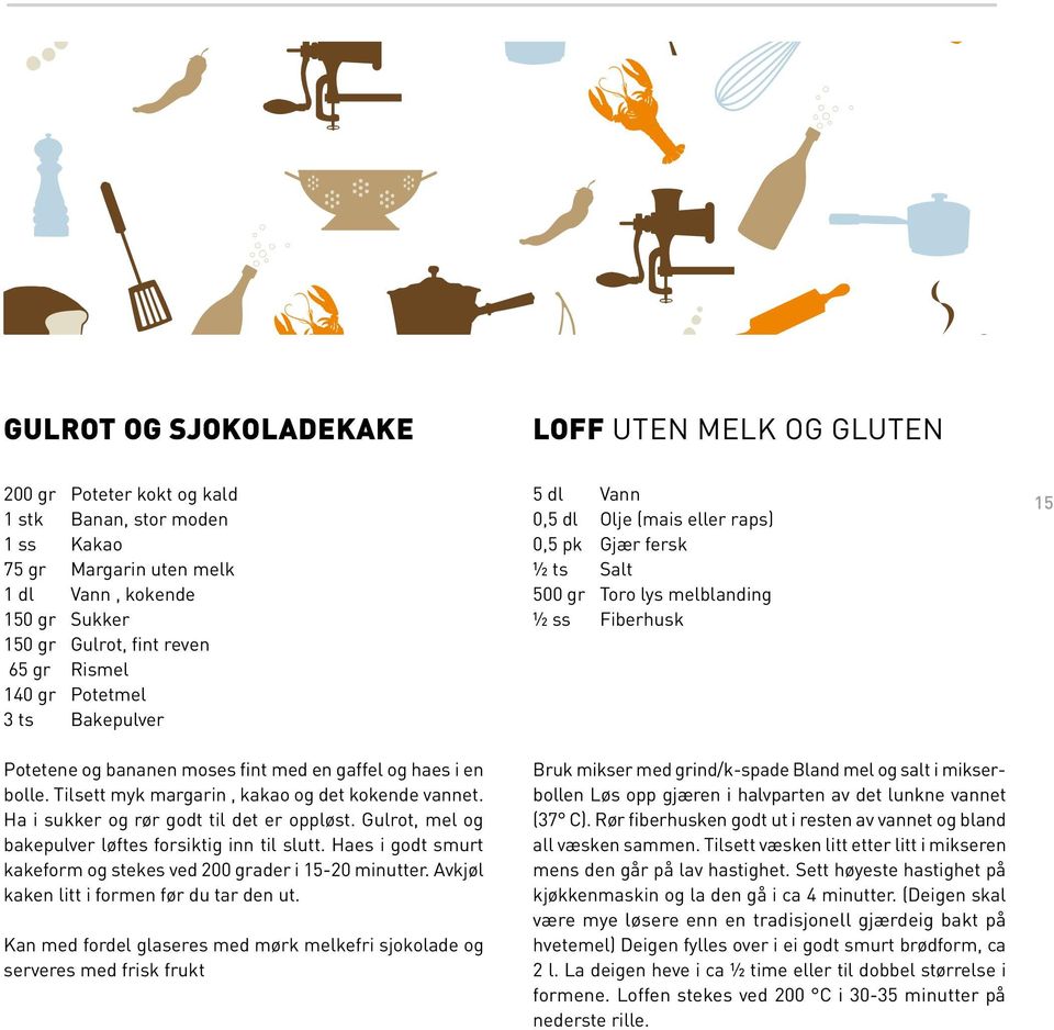 gaffel og haes i en bolle. Tilsett myk margarin, kakao og det kokende vannet. Ha i sukker og rør godt til det er oppløst. Gulrot, mel og bakepulver løftes forsiktig inn til slutt.