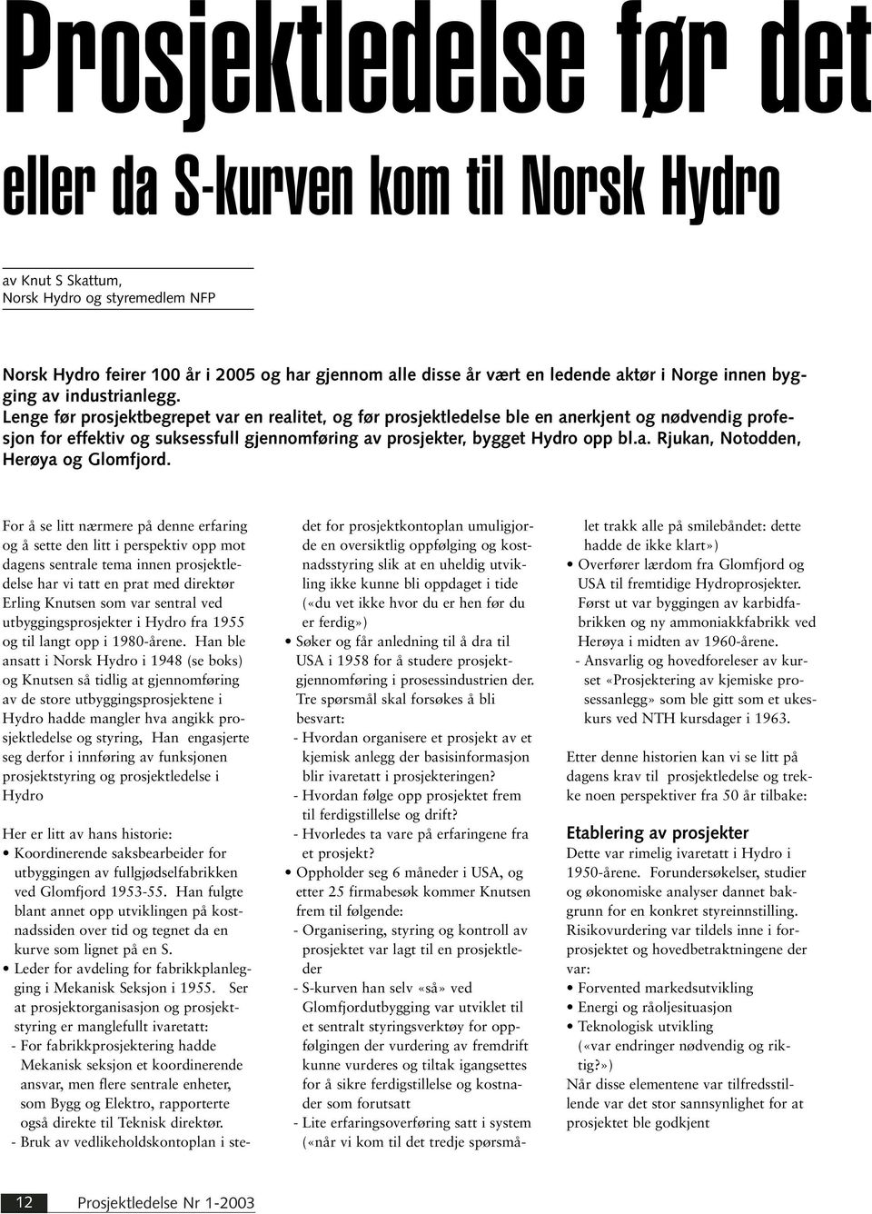 Lenge før prosjektbegrepet var en realitet, og før prosjektledelse ble en anerkjent og nødvendig profesjon for effektiv og suksessfull gjennomføring av prosjekter, bygget Hydro opp bl.a. Rjukan, Notodden, Herøya og Glomfjord.