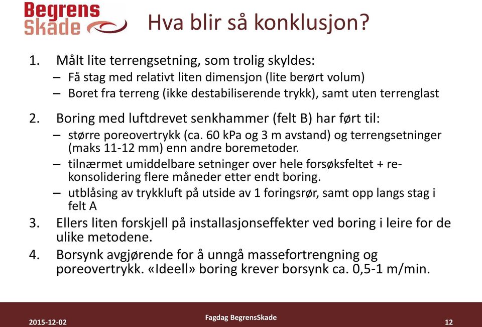 Boring med luftdrevet senkhammer (felt B) har ført til: større poreovertrykk (ca. 60 kpa og 3 m avstand) og terrengsetninger (maks 11-12 mm) enn andre boremetoder.