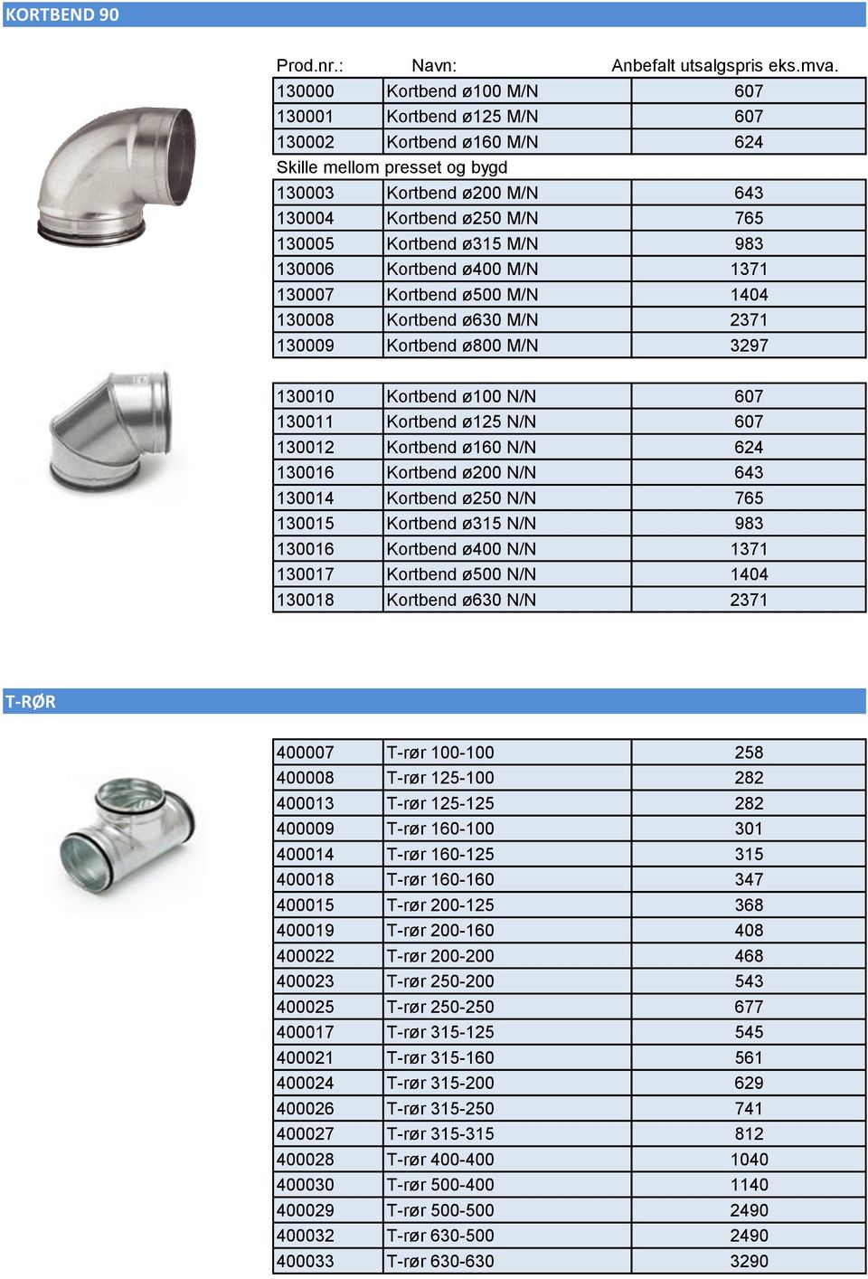 130016 Kortbend ø200 N/N 643 130014 Kortbend ø250 N/N 765 130015 Kortbend ø315 N/N 983 130016 Kortbend ø400 N/N 1371 130017 Kortbend ø500 N/N 1404 130018 Kortbend ø630 N/N 2371 T-RØR 400007 T-rør