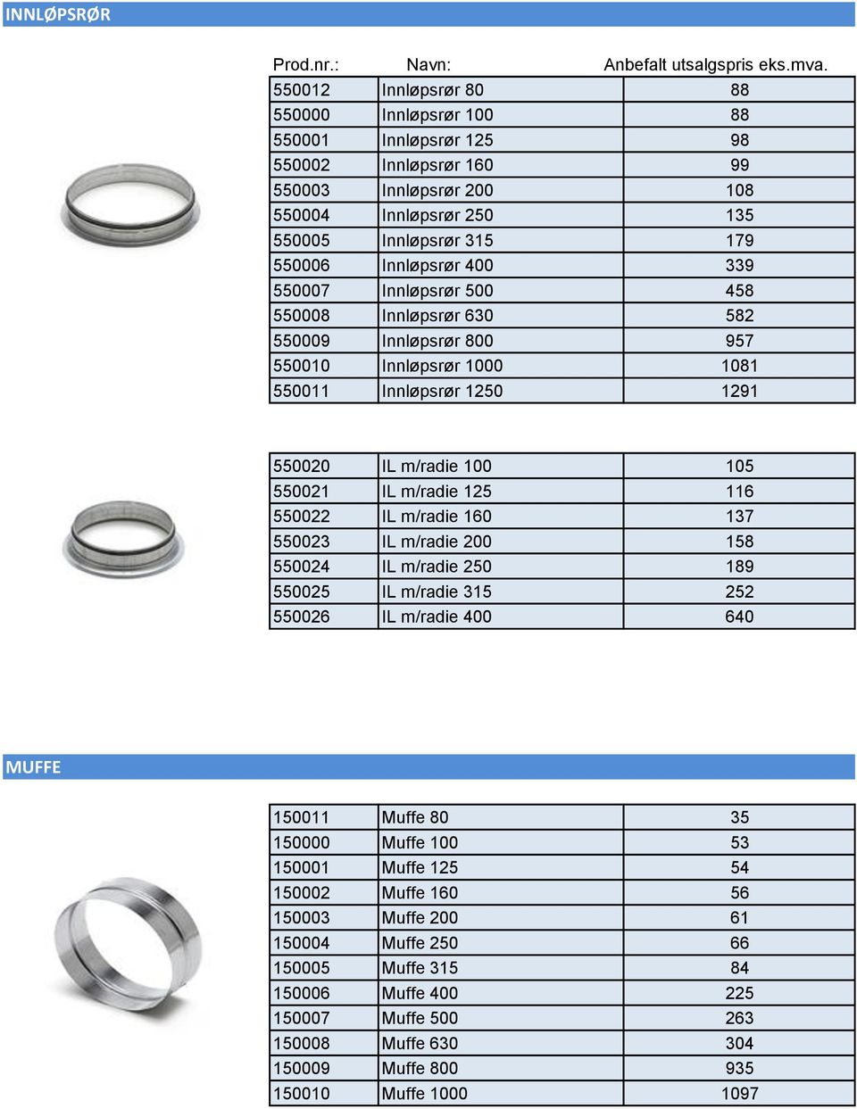 m/radie 125 116 550022 IL m/radie 160 137 550023 IL m/radie 200 158 550024 IL m/radie 250 189 550025 IL m/radie 315 252 550026 IL m/radie 400 640 MUFFE 150011 Muffe 80 35 150000 Muffe 100 53