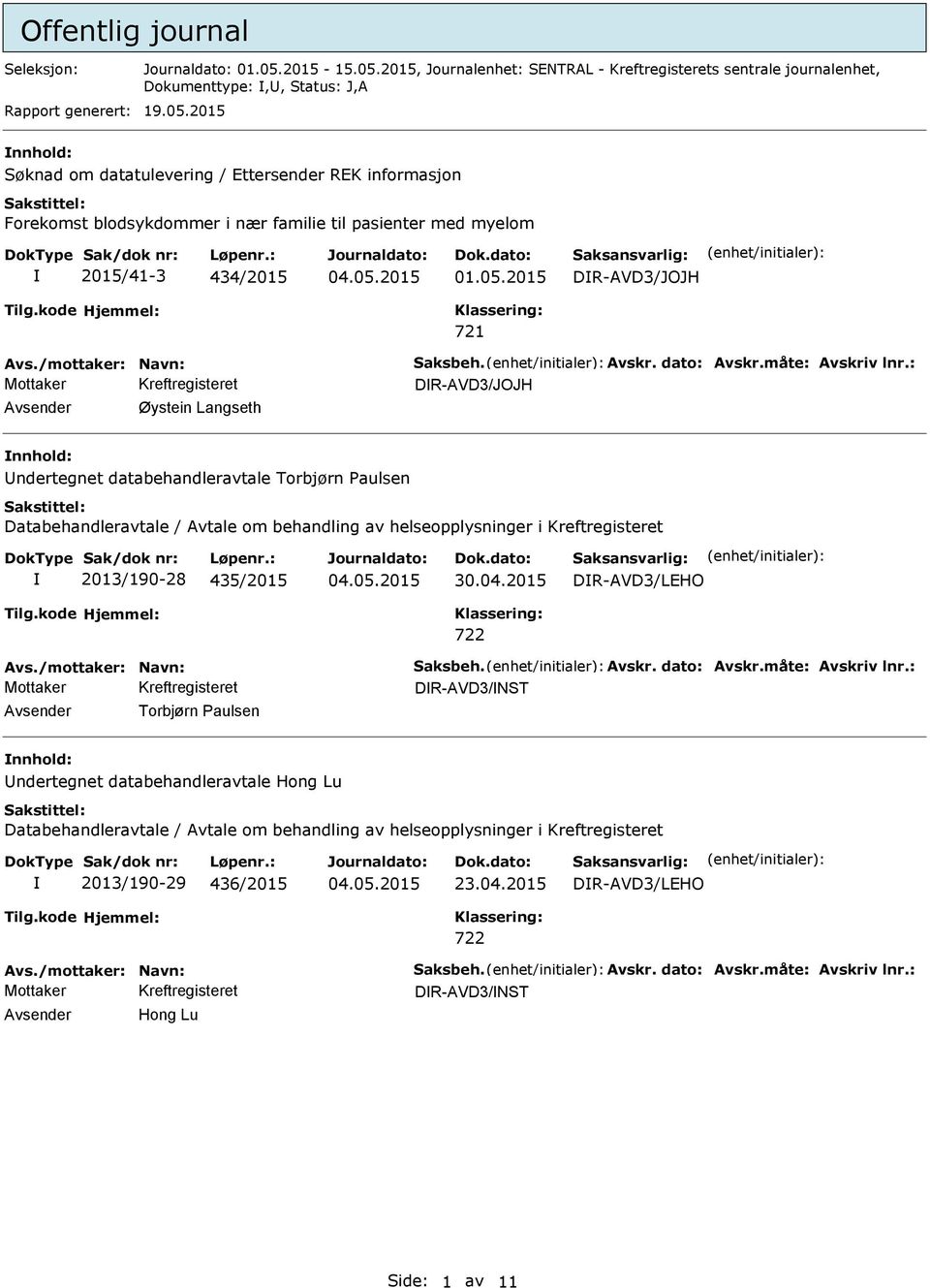 : DR-AVD3/JOJH Øystein Langseth ndertegnet databehandleravtale Torbjørn Paulsen Databehandleravtale / Avtale om behandling av helseopplysninger i Kreftregisteret 2013/190-28 435/2015 30.04.