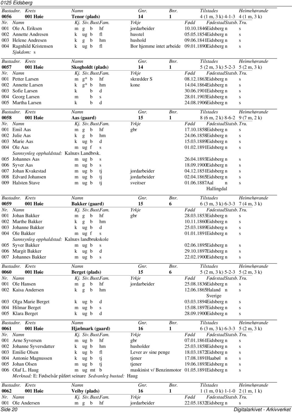 1890Eidsberg n s Sjukdom: s 0057 001 Høie Skogholdt 14 1 5 (2 m, 3 k) 5-2-3 5 (2 m, 3 k) 001 Petter Larsen m g* b hf skrædder S 08.12.1863Eidsberg n s 002 Annette Larsen k g* b hm kone 14.04.