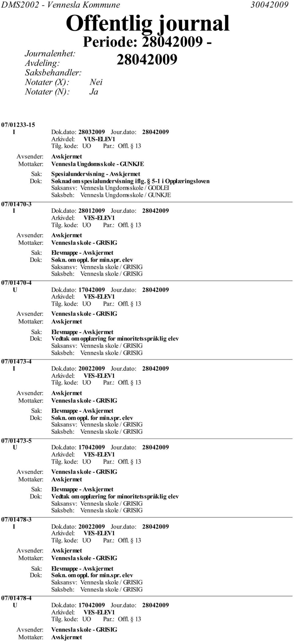 5-1 i Opplæringsloven Saksansv: Vennesla Ungdomsskole / GODLEI Saksbeh: Vennesla Ungdomsskole / GUNKJE 07/01470-3 I Dok.dato: 28012009 Jour.dato: Elevmappe - Avskjermet Søkn. om oppl. for min.spr.