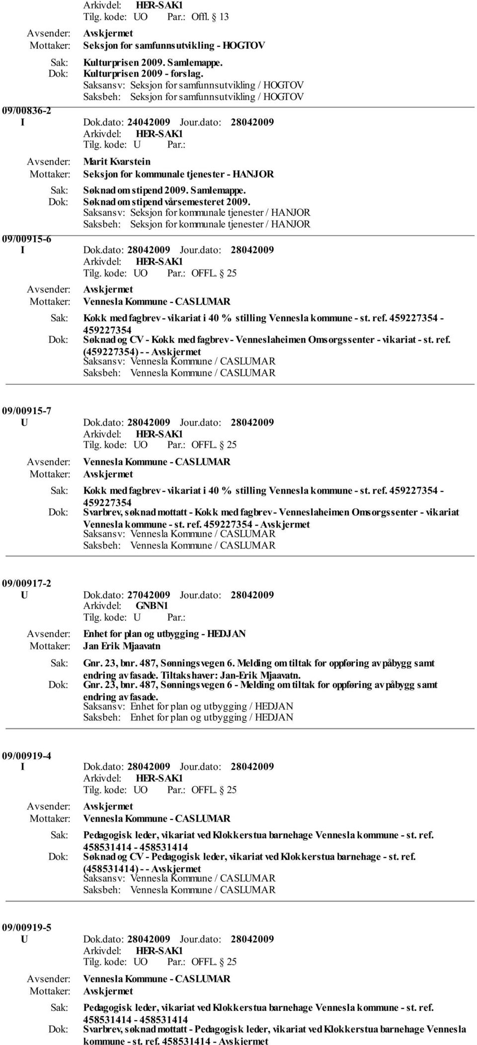 dato: Marit Kvarstein Seksjon for kommunale tjenester - HANJOR Søknad om stipend 2009. Samlemappe. Søknad om stipend vårsemesteret 2009.