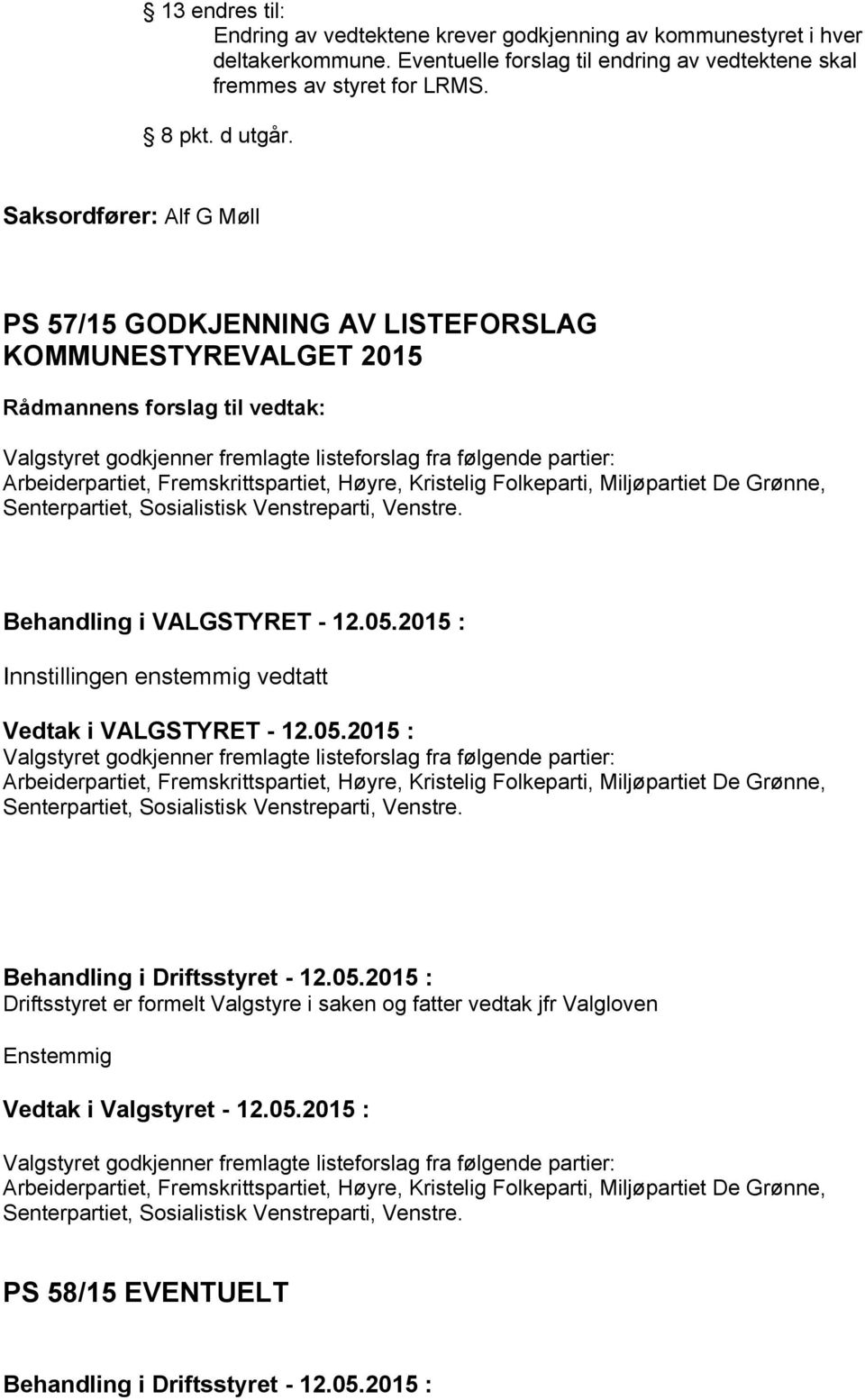 Arbeiderpartiet, Fremskrittspartiet, Høyre, Kristelig Folkeparti, Miljøpartiet De Grønne, Senterpartiet, Sosialistisk Venstreparti, Venstre. Behandling i VALGSTYRET - 12.05.