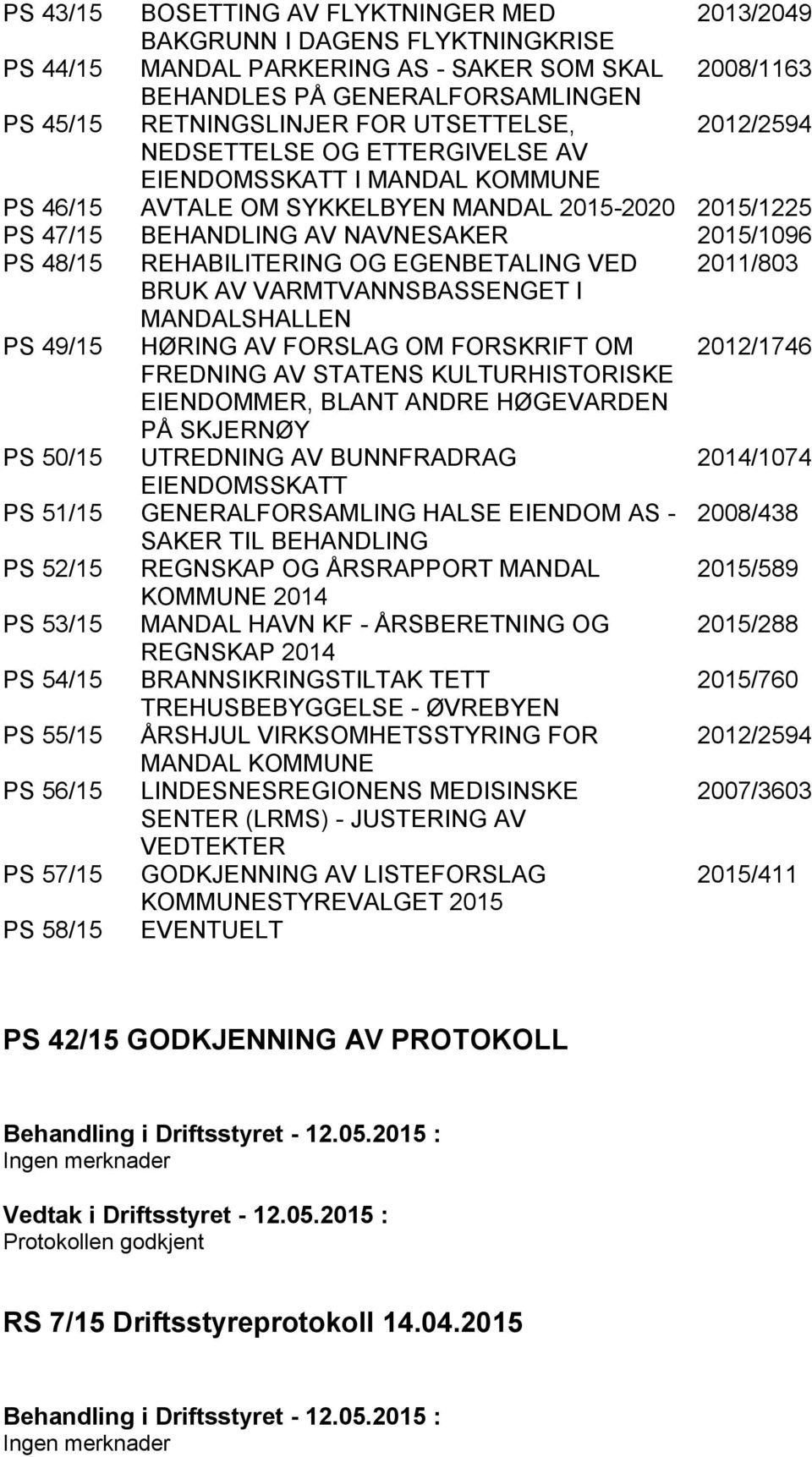 REHABILITERING OG EGENBETALING VED 2011/803 BRUK AV VARMTVANNSBASSENGET I MANDALSHALLEN PS 49/15 HØRING AV FORSLAG OM FORSKRIFT OM 2012/1746 FREDNING AV STATENS KULTURHISTORISKE EIENDOMMER, BLANT