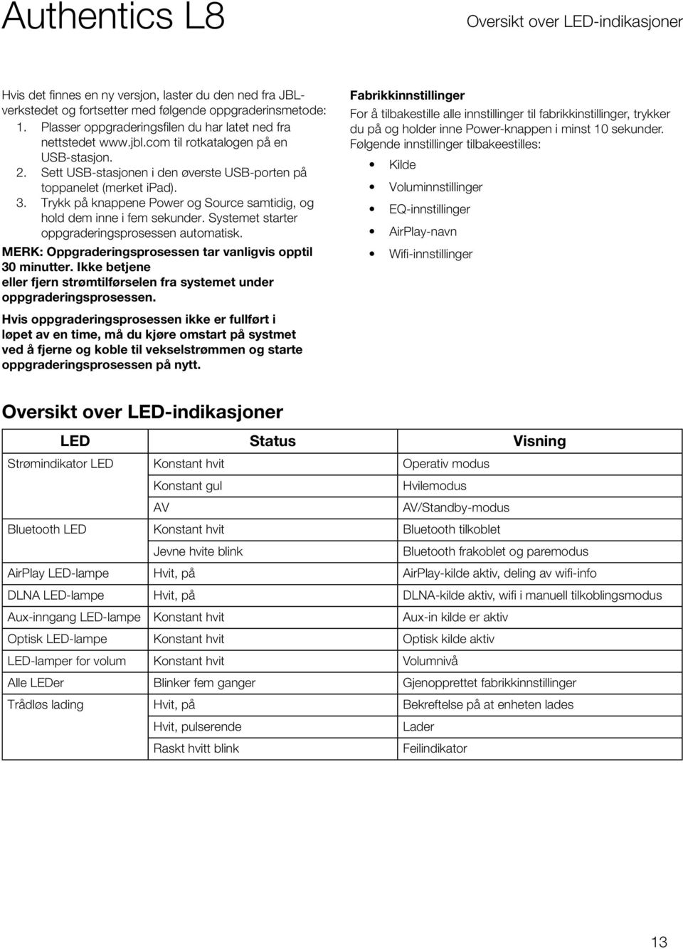 Trykk på knappene Power og Source samtidig, og hold dem inne i fem sekunder. Systemet starter oppgraderingsprosessen automatisk. MERK: Oppgraderingsprosessen tar vanligvis opptil 30 minutter.