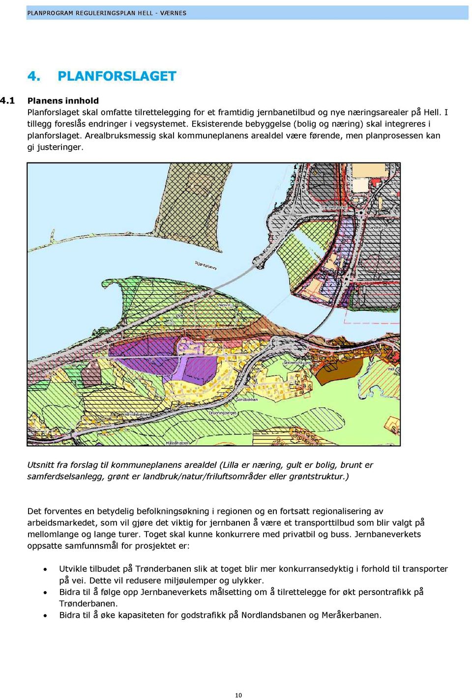 Utsnitt fra forslag til kommuneplanens arealdel (Lilla er næring, gult er bolig, brunt er samferdselsanlegg, grønt er landbruk/natur/friluftsområder eller grøntstruktur.