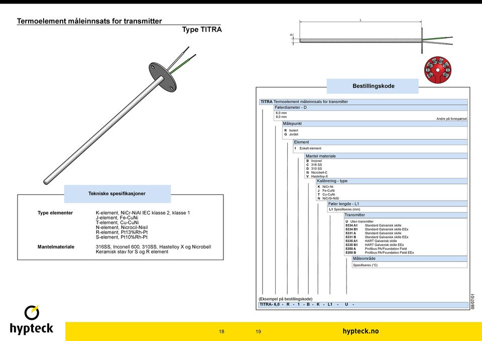 Mantel materiale B Inconel C 316 SS D 310 SS N Nicrobell-C V Hastelloy-X J Fe-CuNi T Cu-CuNi L1 Spesi seres (mm) Transmitter U Uten transmitter 5334 A1 Standard Galvanisk skille 5334 B1 Standard