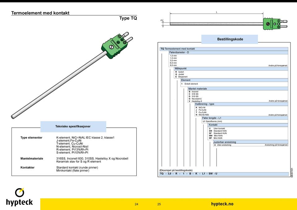Kontakt U Uten kontakt SM Standard HAN SF Standard HUN MM Mini HAN MF Mini HUN Justerbar anslutning U Uten anslutning Anslutning på forespørsel.