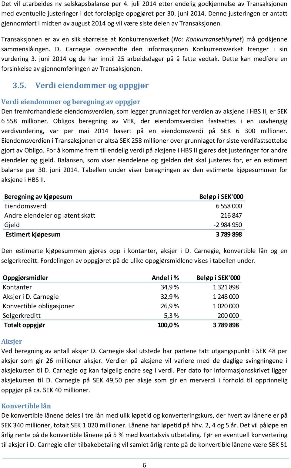 Transaksjonen er av en slik størrelse at Konkurrensverket (No: Konkurransetilsynet) må godkjenne sammenslåingen. D. Carnegie oversendte den informasjonen Konkurrensverket trenger i sin vurdering 3.