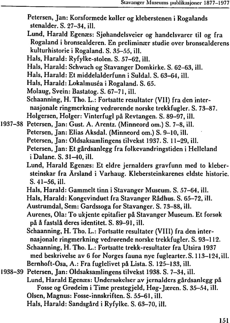 Hals, Harald: Et middelalderfunn i Suldal. S. 63-64, ill. Hals, Harald: Lokalmusea i Rogaland. S. 65. Molaug, Svein: Bastatog. S. 67-7 1, ill. Schaanning, H. Tho. L.: Fortsatte resultater (VII) fra den internasjonale ringmerkning vedrerende norske trekkfugler.