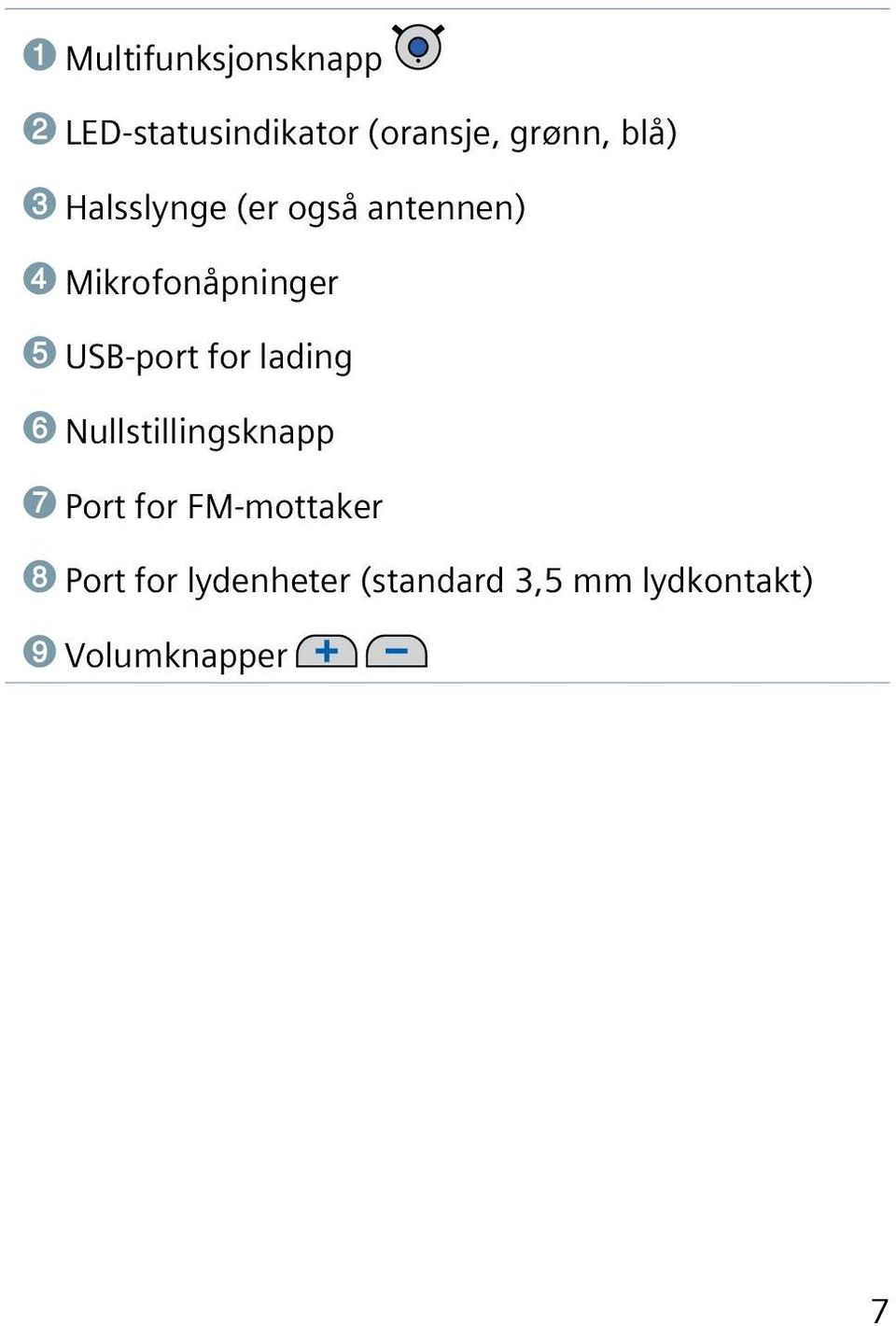 USB-port for lading ➏ Nullstillingsknapp ➐ Port for