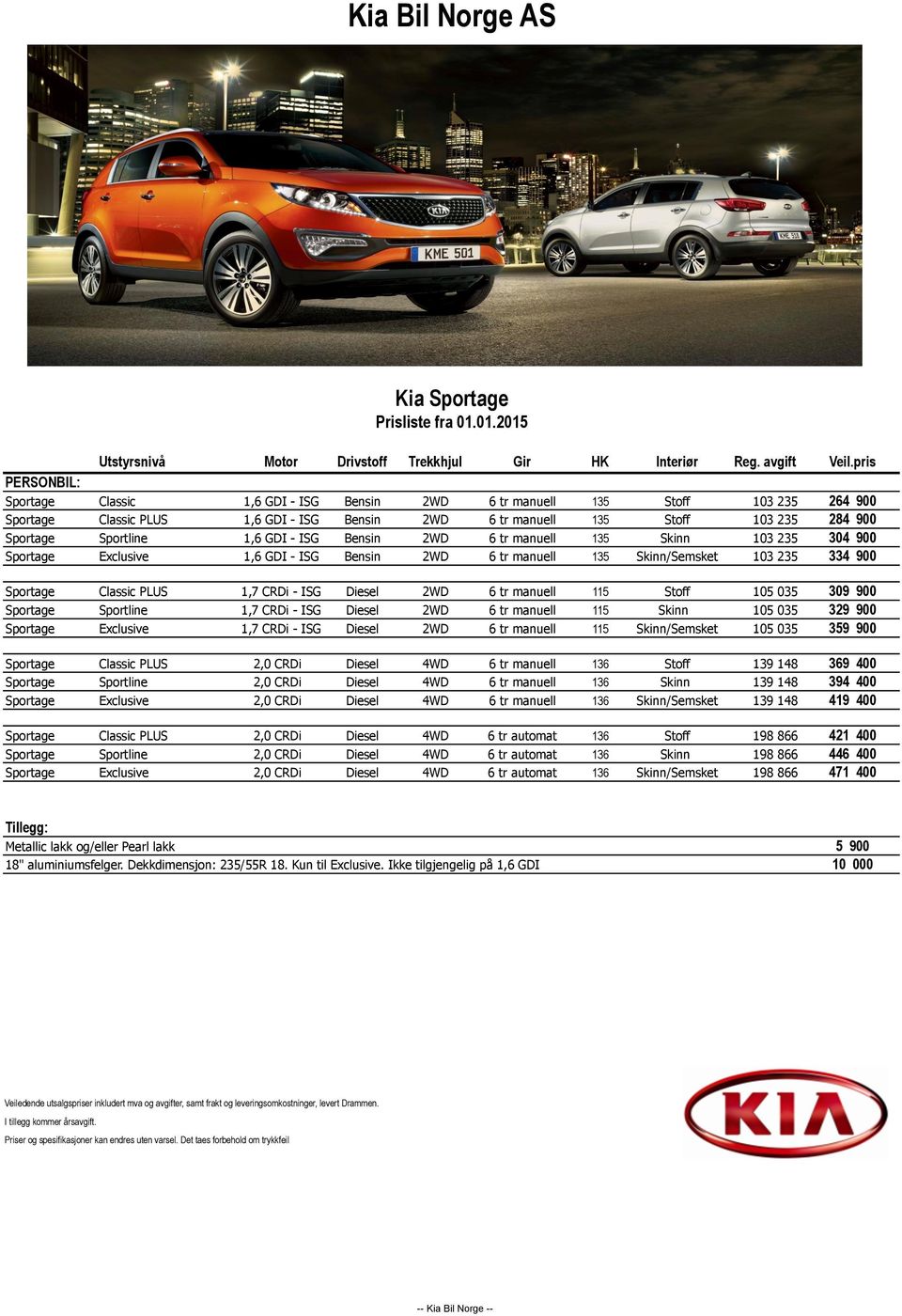 Sportline 1,6 GDI - ISG Bensin 2WD 6 tr manuell 135 Skinn 103 235 304 900 Sportage Exclusive 1,6 GDI - ISG Bensin 2WD 6 tr manuell 135 Skinn/Semsket 103 235 334 900 Sportage Classic PLUS 1,7 CRDi -