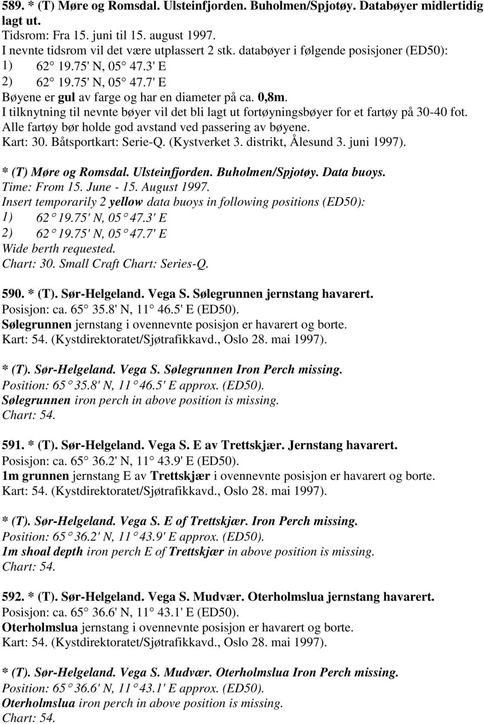 I tilknytning til nevnte bøyer vil det bli lagt ut fortøyningsbøyer for et fartøy på 30-40 fot. Alle fartøy bør holde god avstand ved passering av bøyene. Kart: 30. Båtsportkart: Serie-Q.