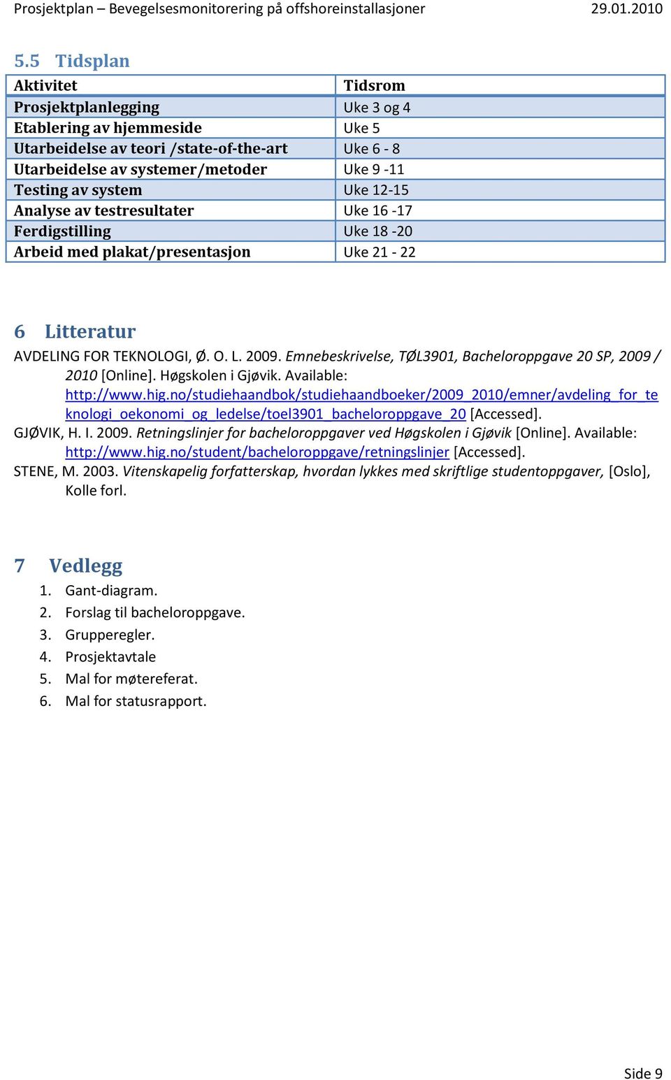 Emnebeskrivelse, TØL3901, Bacheloroppgave 20 SP, 2009 / 2010 [Online]. Høgskolen i Gjøvik. Available: http://www.hig.