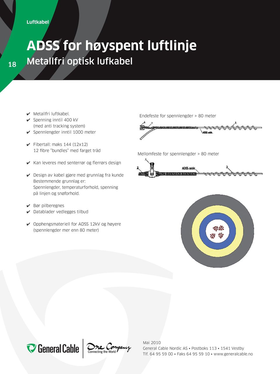 fibre bundles med farget tråd Kan leveres med senterrør og flerrørs design Mellomfeste for spennlengder > 80 meter Design av kabel gjøre med grunnlag