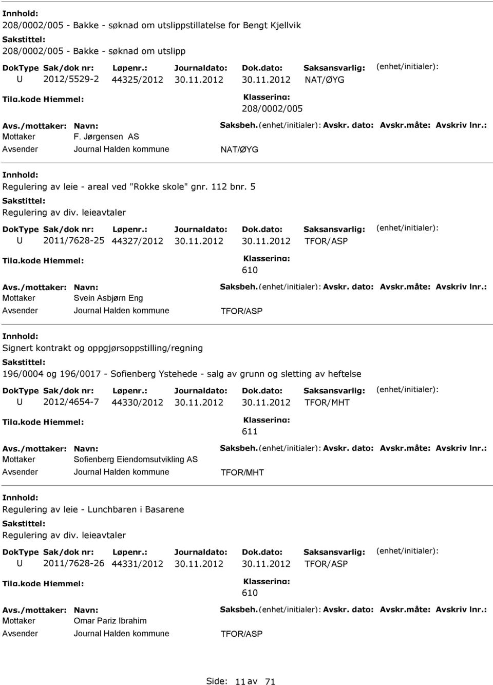 leieavtaler 2011/7628-25 44327/2012 TFOR/ASP 610 Svein Asbjørn ng TFOR/ASP Signert kontrakt og oppgjørsoppstilling/regning 196/0004 og 196/0017 - Sofienberg Ystehede - salg