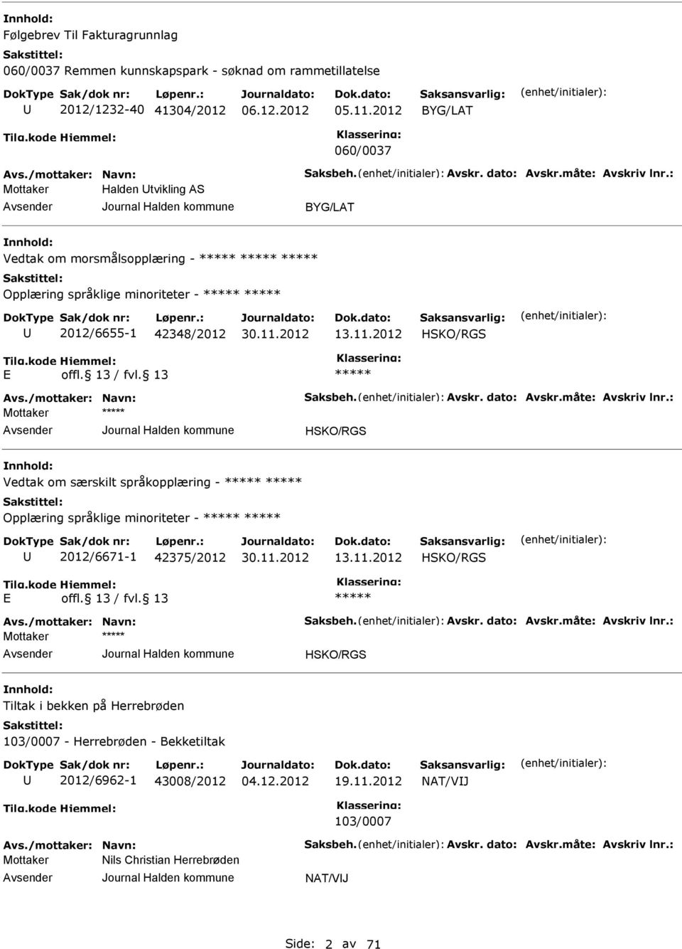 2012 HSKO/RGS HSKO/RGS Vedtak om særskilt språkopplæring - Opplæring språklige minoriteter - 2012/6671-1 42375/2012 13.11.