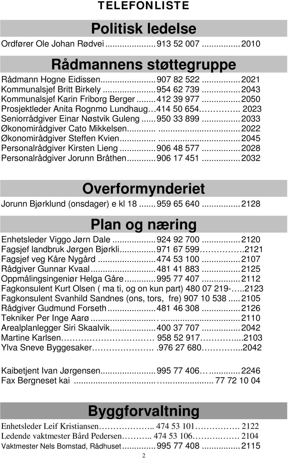 .. 2033 Økonomirådgiver Cato Mikkelsen...... 2022 Økonomirådgiver Steffen Kvien...... 2045 Personalrådgiver Kirsten Lieng... 906 48 577... 2028 Personalrådgiver Jorunn Bråthen... 906 17 451.