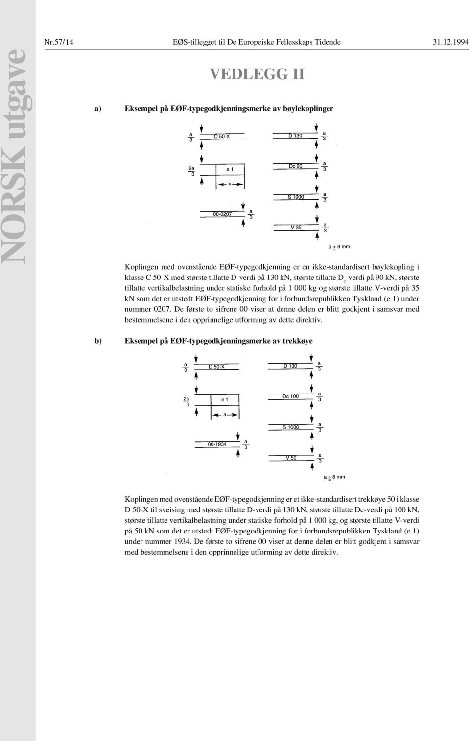 tillatte D-verdi på 130 kn, største tillatte D c -verdi på 90 kn, største tillatte vertikalbelastning under statiske forhold på 1 000 kg og største tillatte V-verdi på 35 kn som det er utstedt