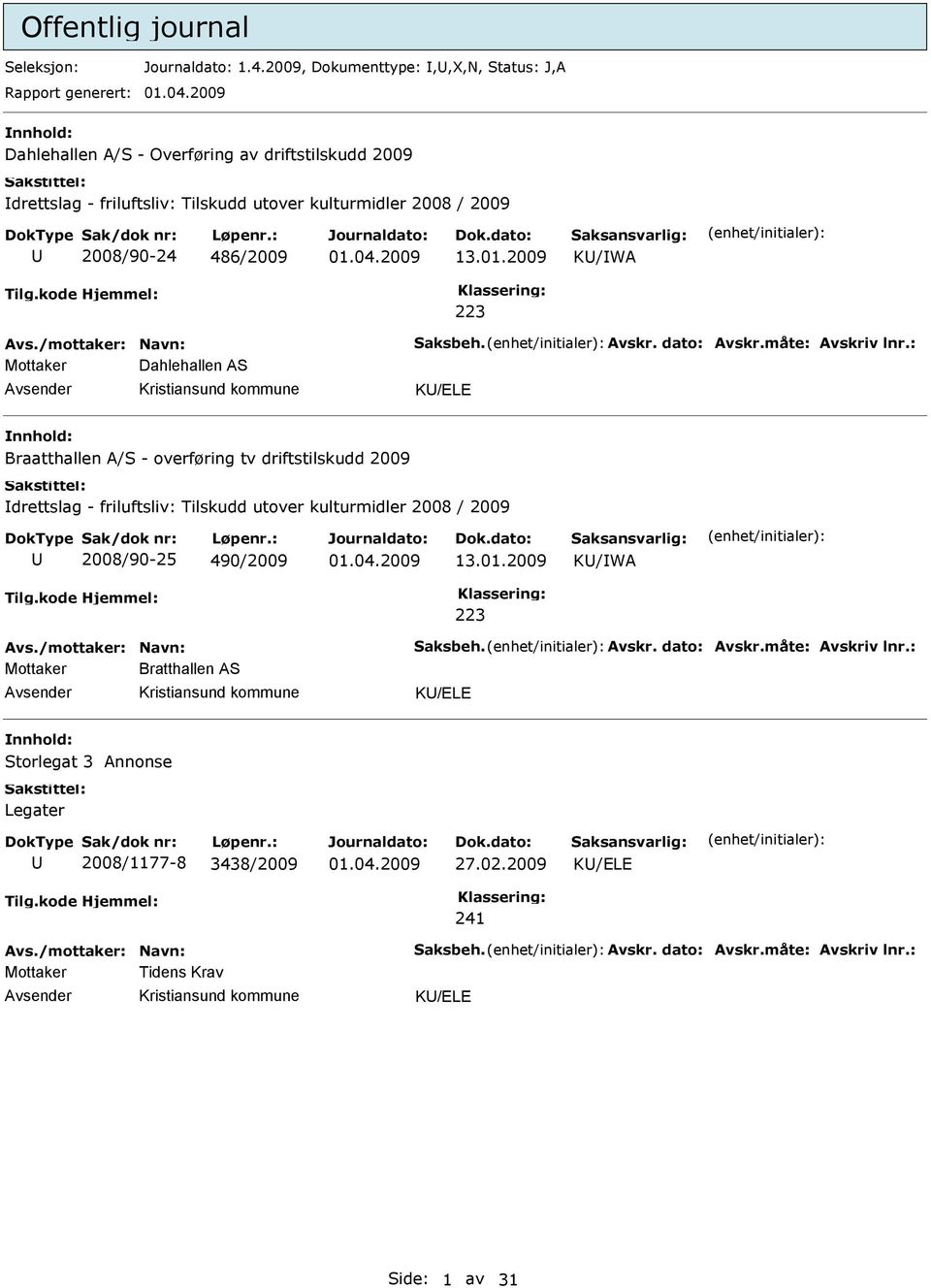 2009 K/WA 223 Avs./mottaker: Navn: Saksbeh. Avskr. dato: Avskr.måte: Avskriv lnr.