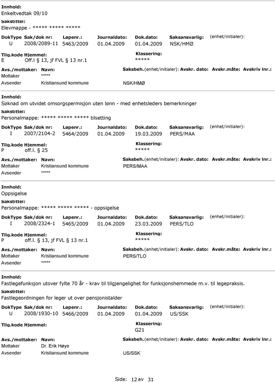 Avskr. dato: Avskr.måte: Avskriv lnr.: PRS/MAA Oppsigelse Personalmappe: - oppsigelse 2008/2324-1 5465/2009 23.03.2009 PRS/TLO P off.l. 13, jf FVL 13 nr.1 Avs./mottaker: Navn: Saksbeh. Avskr. dato: Avskr.måte: Avskriv lnr.: PRS/TLO Fastlegefunksjon utover fylte 70 år - krav til tilgjengelighet for funksjonshemmede m.