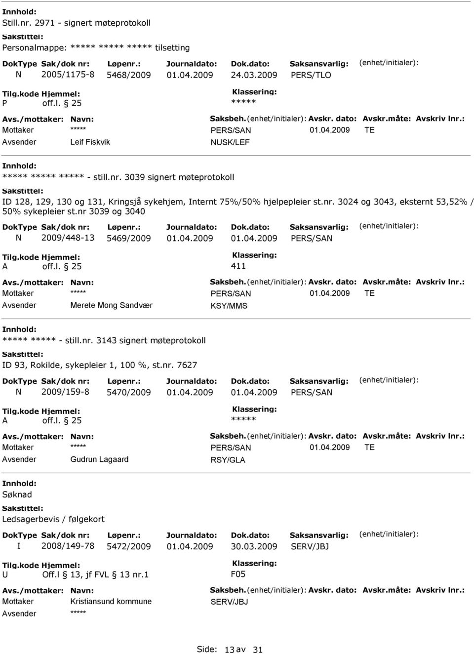 nr 3039 og 3040 N 2009/448-13 5469/2009 PRS/SAN A off.l. 25 411 Avs./mottaker: Navn: Saksbeh. Avskr. dato: Avskr.måte: Avskriv lnr.: Mottaker PRS/SAN T Merete Mong Sandvær KSY/MMS - still.nr. 3143 signert møteprotokoll D 93, Rokilde, sykepleier 1, 100 %, st.