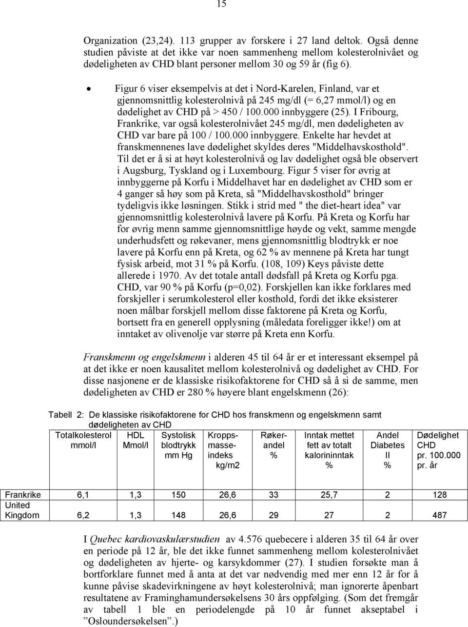 Figur 6 viser eksempelvis at det i Nord-Karelen, Finland, var et gjennomsnittlig kolesterolnivå på 245 mg/dl (= 6,27 mmol/l) og en dødelighet av CHD på > 450 / 100.000 innbyggere (25).