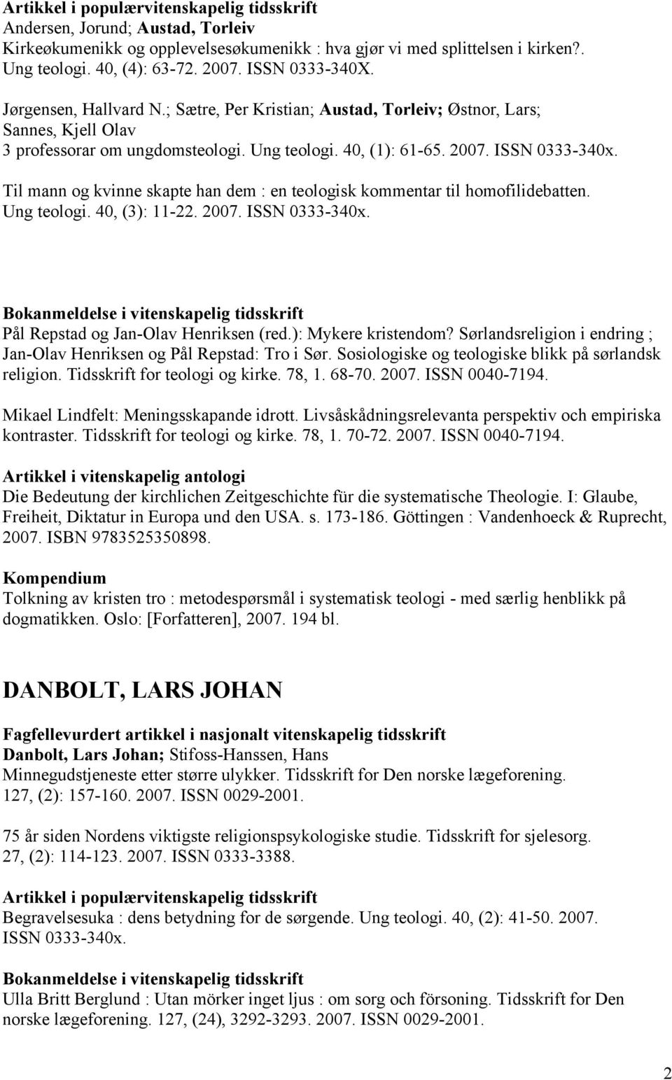 Til mann og kvinne skapte han dem : en teologisk kommentar til homofilidebatten. Ung teologi. 40, (3): 11-22. 2007. ISSN 0333-340x.