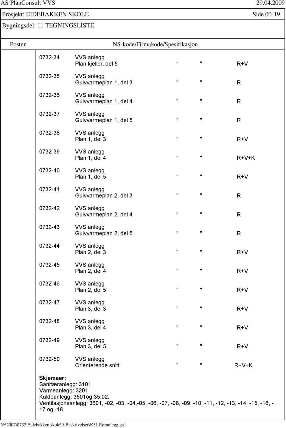 anlegg Plan 1, del 5 " " R+V 0732-41 VVS anlegg Gulvvarmeplan 2, del 3 " " R 0732-42 VVS anlegg Gulvvarmeplan 2, del 4 " " R 0732-43 VVS anlegg Gulvvarmeplan 2, del 5 " " R 0732-44 VVS anlegg Plan 2,