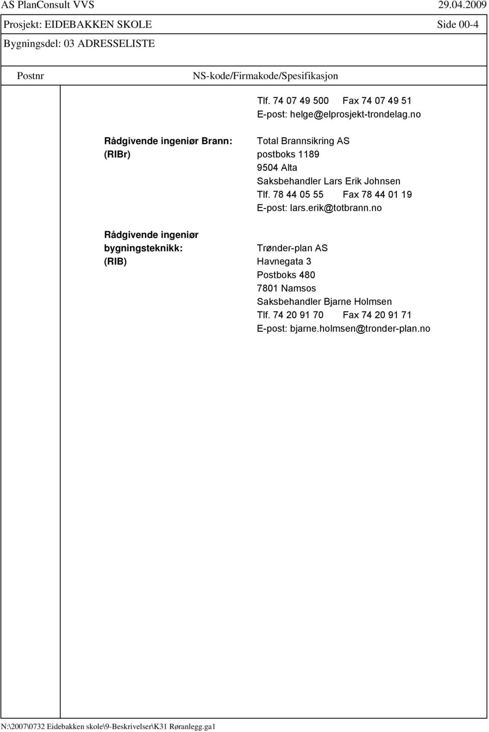 no Rådgivende ingeniør Brann: Total Brannsikring AS (RIBr) postboks 1189 9504 Alta Saksbehandler Lars Erik Johnsen Tlf.