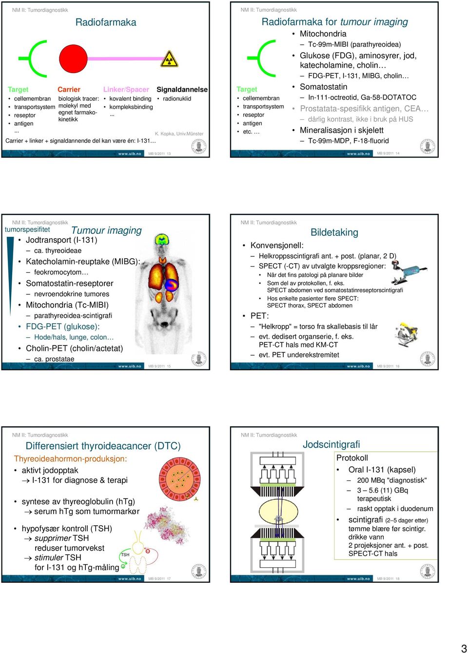 Münster Carrier + linker + signaldannende del kan være én: I-131 13 Radiofarmaka for tumour imaging Mitochondria Tc-99m-MIBI (parathyreoidea) Glukose (FDG), aminosyrer, jod, katecholamine, cholin